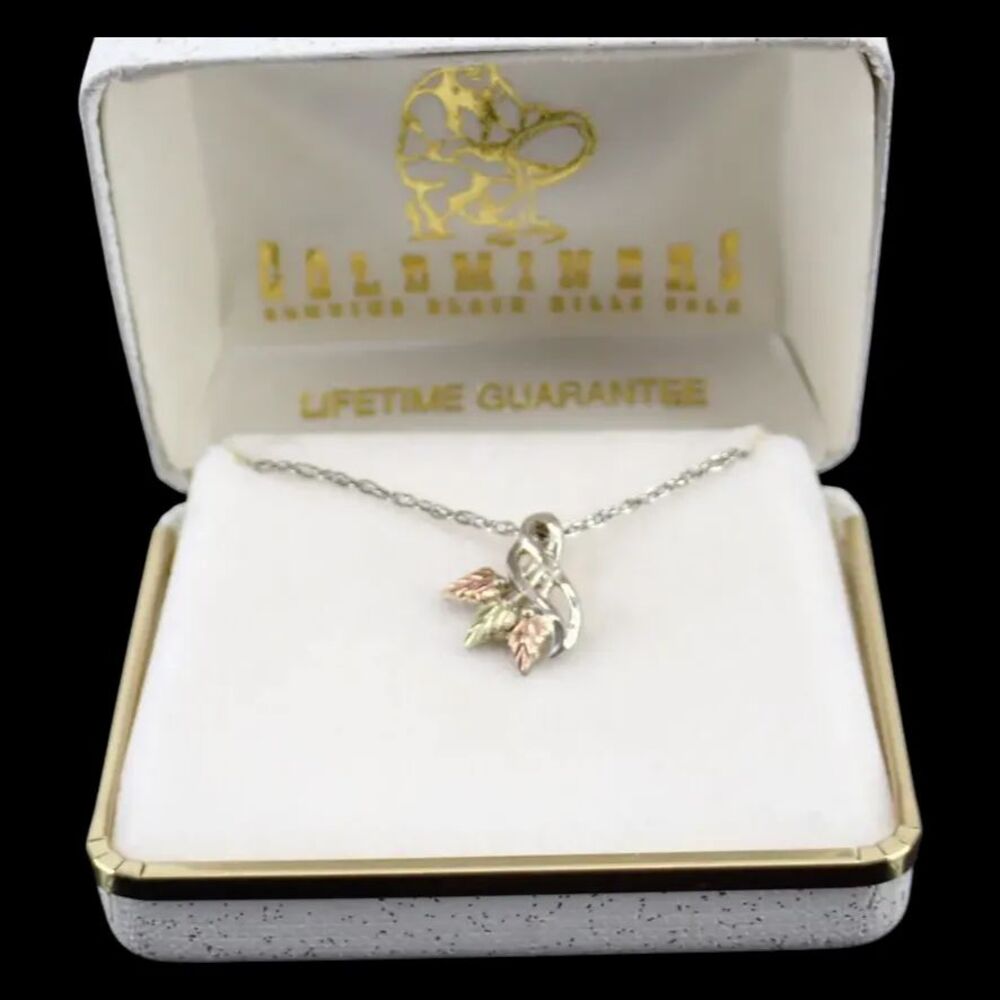 Genuine Black Hills Gold 3 Leaf Tri-Color 12k Pendant on 925 Silver 18" Chain